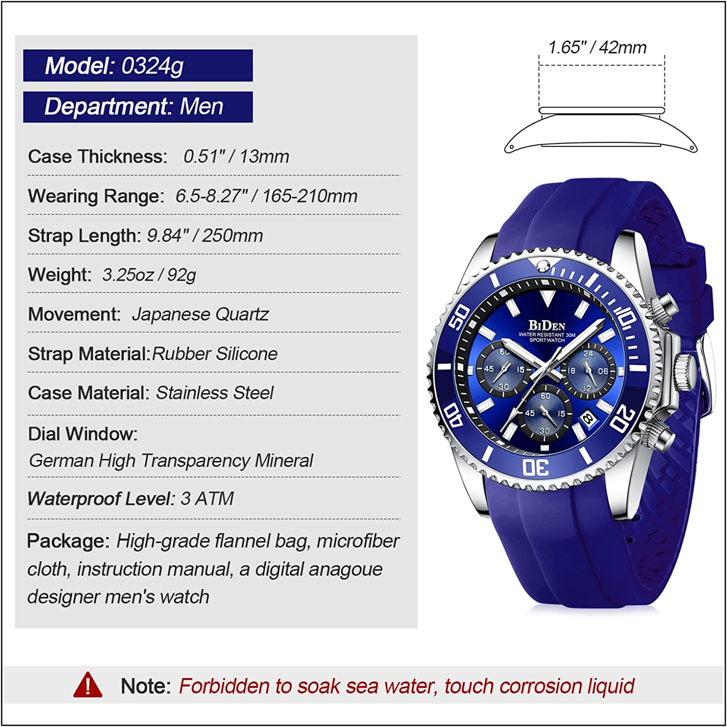 BIDEN Mens Watches Chronograph Stainless Steel Waterproof Date Analog Quartz Watch Business Wrist Watches for Men - Image 5